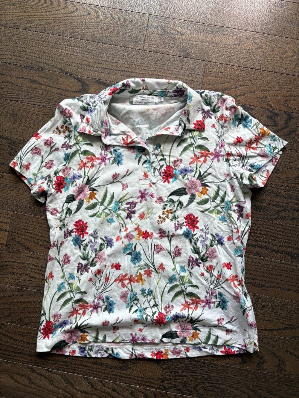 Contemporaine Floral Collared Short-Sleeve Top